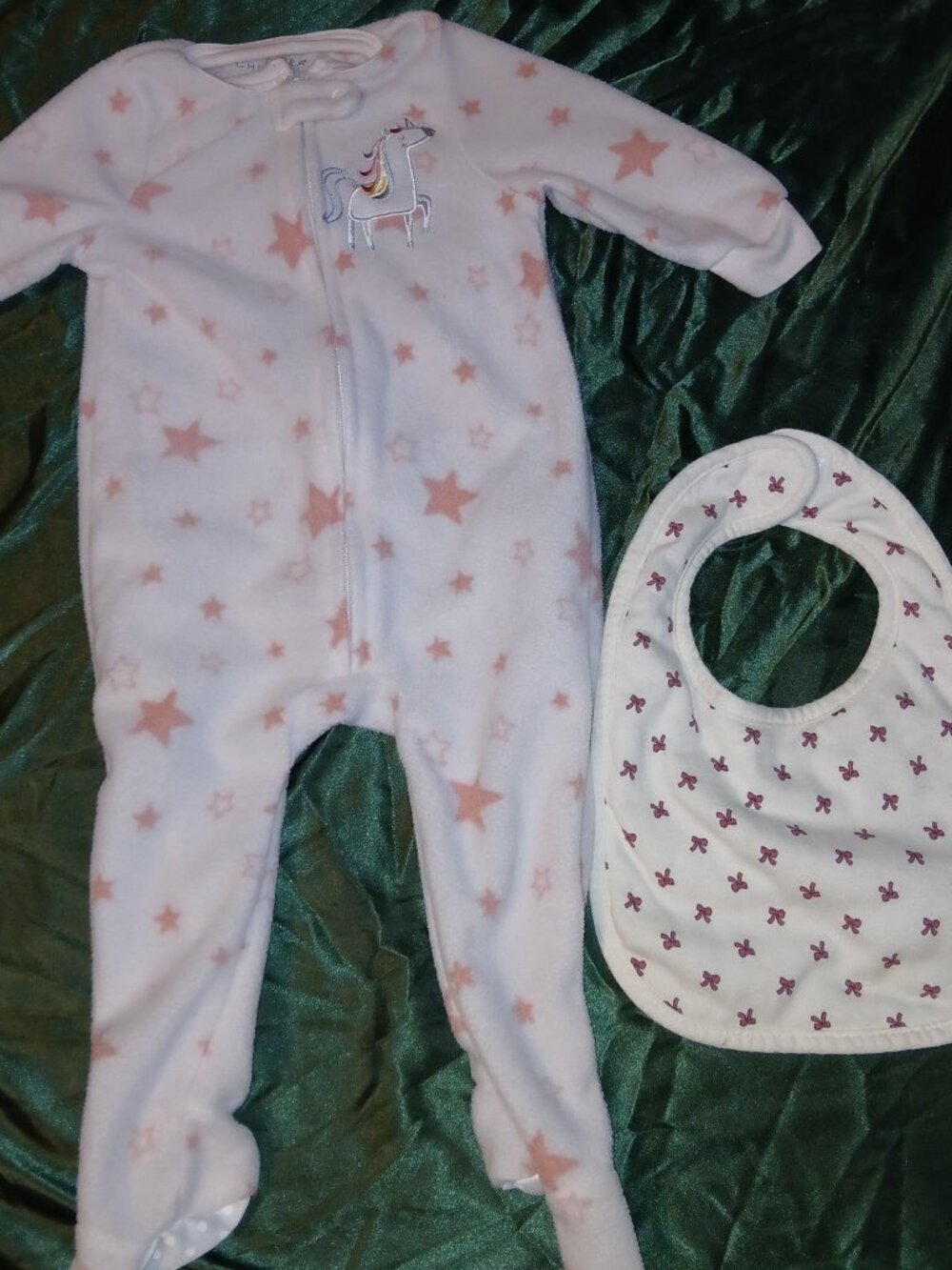 Chickpea Baby Girl Fleece Sleeper Unicorn Stars Pink Zip Footed 12 Months + Bib